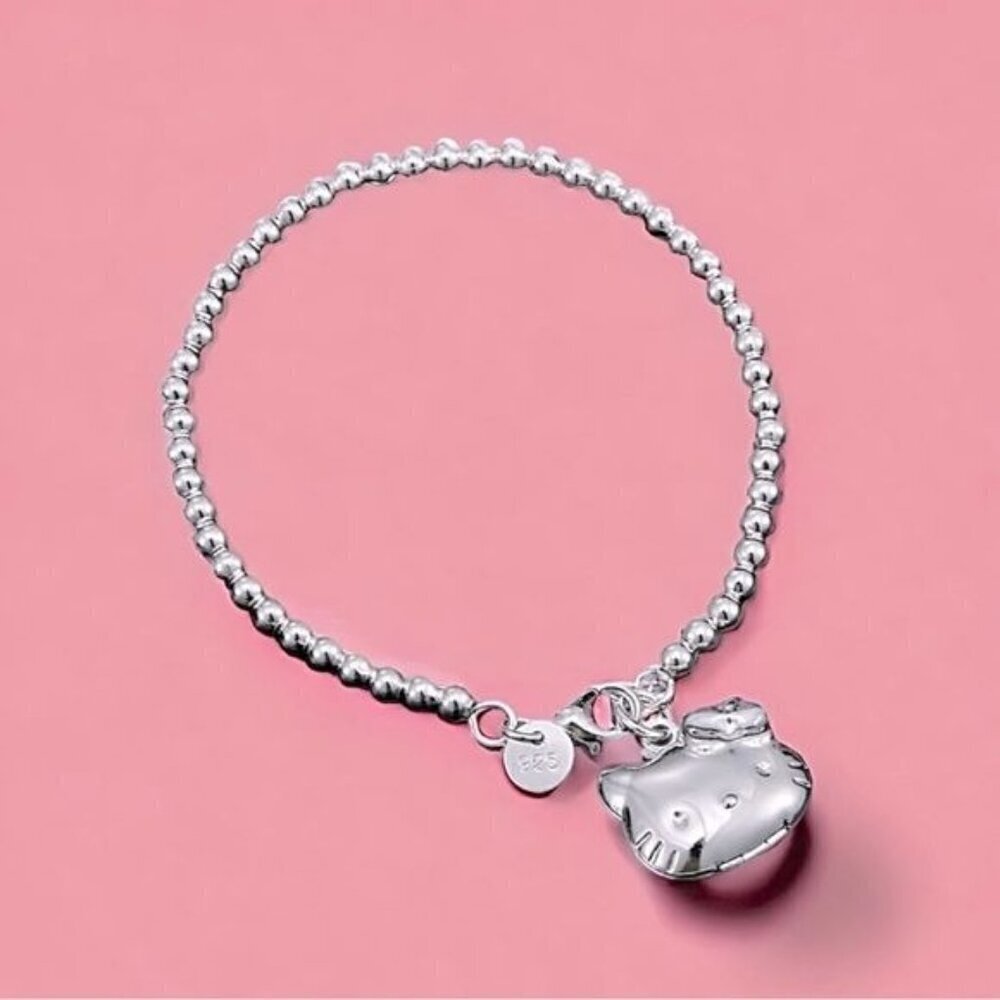 NWT Hello Kitty Locket Charm Bracelet S925 Sterling Silver Beaded Chain 7.5"